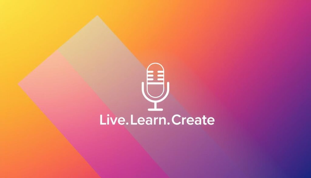 A minimalist podcast cover art design featuring a microphone icon surrounded by dynamic geometric shapes and a vibrant color palette. Soft lighting illuminates the composition, creating a professional and modern aesthetic. The background is a gradual color transition, adding depth and visual interest. The central microphone element is the focal point, symbolizing the importance of audio content. The overall design conveys a sense of creativity, innovation, and a passion for podcasting. Include the "Live.Learn.Create" brand name subtly integrated into the design.