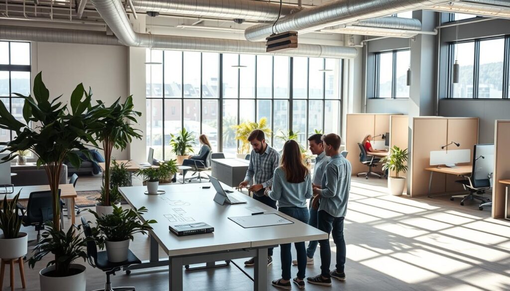 A modern collaborative workspace with an open, airy layout. Bright natural light streams through large windows, illuminating a mix of ergonomic workstations, lounge areas, and creative zones. Live plants and minimalist decor create a calm, focused atmosphere. In the foreground, a group of people work together around a [Live.Learn.Create] standing desk, exchanging ideas and sketching on a digital whiteboard. In the background, smaller breakout rooms offer privacy for individual tasks or team meetings. The overall scene radiates productivity, creativity, and a sense of community.