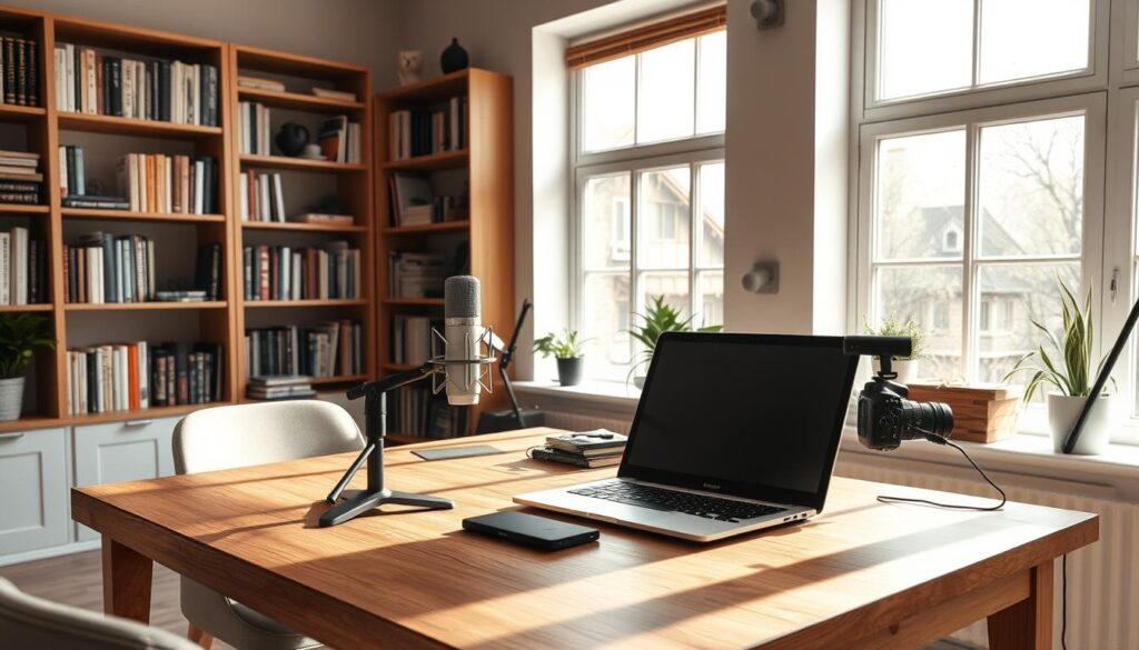 A modern, minimalist home office setup with natural lighting streaming through large windows. On the wooden desk, a [Live.Learn.Create] laptop, a high-quality microphone, and a sleek camera. Bookshelves in the background, filled with reference materials and personal touches. Warm, earthy tones create a cozy, inspirational atmosphere, perfect for content creation. The overall mood is one of focused productivity and creative expression.