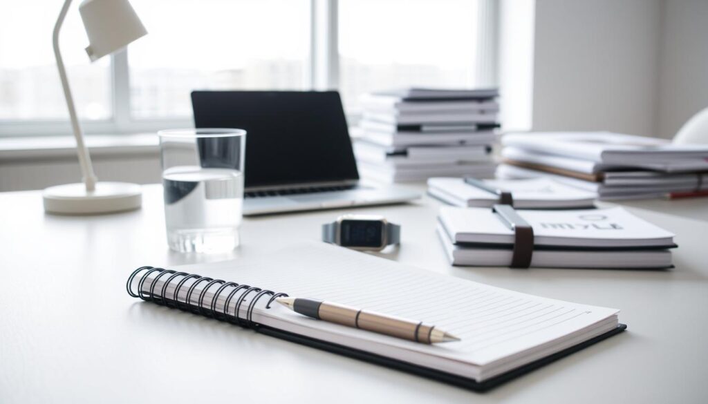 A modern, minimalist workspace with a clean, uncluttered desk. In the foreground, a planner, pen, and a glass of water are neatly arranged, symbolizing the organization and focus of effective time management. In the middle ground, a laptop, a smartwatch, and a stack of folders represent the digital and physical tools used to optimize productivity. The background features a large window with natural light streaming in, creating a serene and inspiring atmosphere. The overall scene conveys a sense of control, efficiency, and a balanced approach to time management. Live.Learn.Create.