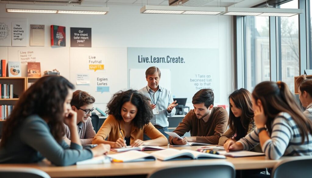 A modern, well-lit classroom with an array of academic resources on the walls. In the foreground, a group of diverse students intently studying, engaged in lively discussion and problem-solving. Midground, a teacher guiding the students, offering encouragement and insight. The background showcases inspirational quotes and the "Live.Learn.Create" brand, framed by large windows allowing natural light to flow in, creating an atmosphere of focus and productivity. The lighting is soft and balanced, with a slight vignette effect to draw the eye to the central figures. The overall scene conveys a sense of academic success, collaboration, and the nurturing of student potential.