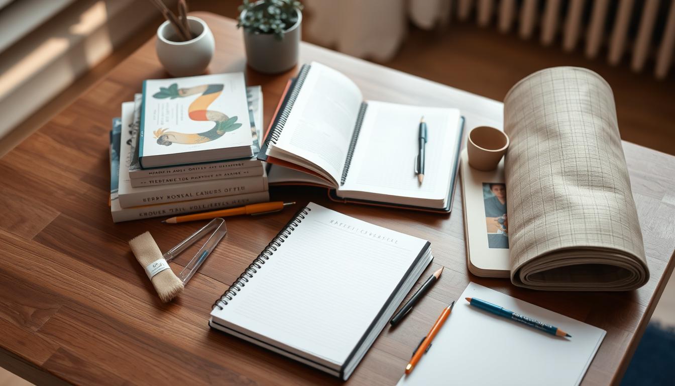 A neatly organized personal growth toolkit with books, journal, yoga mat, and art supplies arranged on a wooden table with natural light