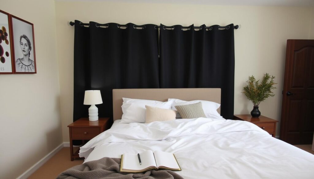 A peaceful bedroom setup with sleep-supporting items like blackout curtains, a white noise machine, and a journal for evening reflection