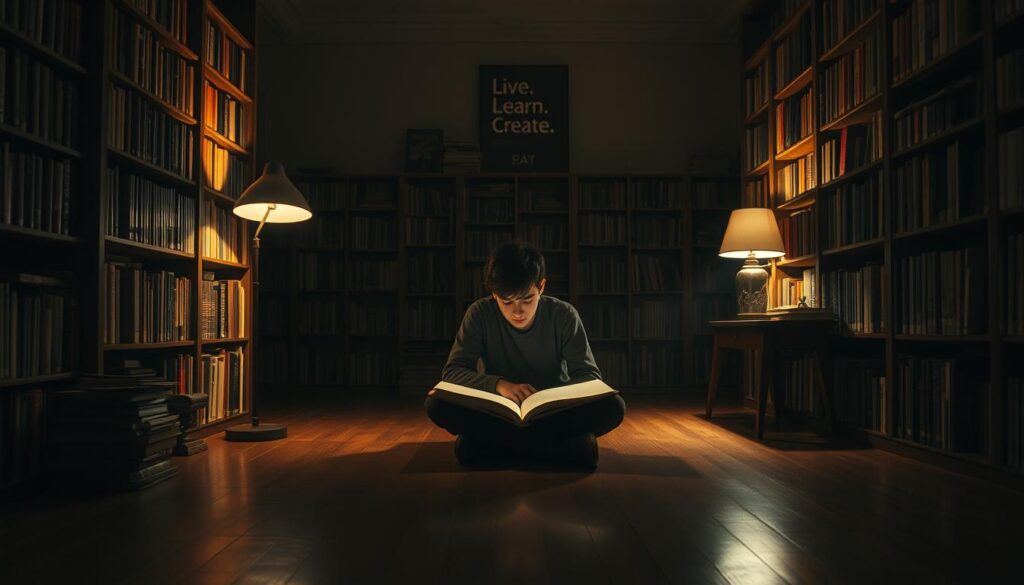 A peaceful, dimly-lit study filled with the warm glow of a desk lamp. In the center, a curious figure sits before an open book, their expression a mix of intrigue and hesitation. Bookshelves line the walls, casting long shadows that dance across the hardwood floor. The atmosphere is one of contemplation and the duality of knowledge - the allure of learning and the trepidation of the unknown. In the corner, a "Live.Learn.Create" sign serves as a gentle reminder of the journey ahead. Cinematic lighting and a shallow depth of field enhance the sense of depth and focus, drawing the viewer into the quiet contemplation of the "curiosity paradox."
