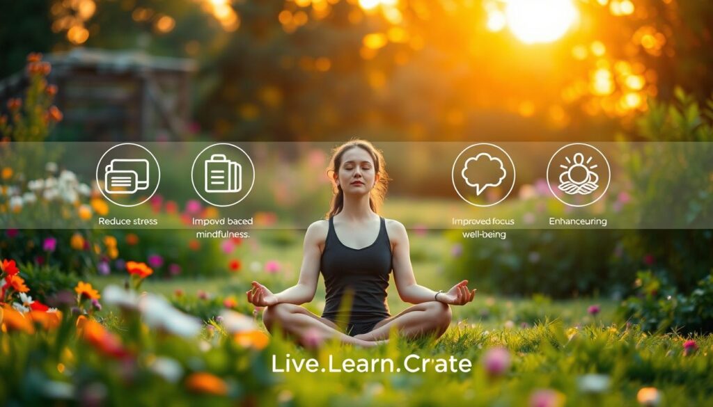 A peaceful outdoor scene showcasing the benefits of mindfulness. In the foreground, a person sits in a meditative pose, their eyes closed and expression serene. Surrounding them, a lush garden with vibrant flowers and greenery, creating a sense of tranquility. In the middle ground, various icons representing the science-backed benefits of mindfulness, such as reduced stress, improved focus, and enhanced well-being. The background features a warm, golden sunset, casting a soft, calming glow over the entire scene. The "Live.Learn.Create" brand name is subtly incorporated into the design. Overall, the image conveys a sense of harmony, balance, and the transformative power of mindfulness.