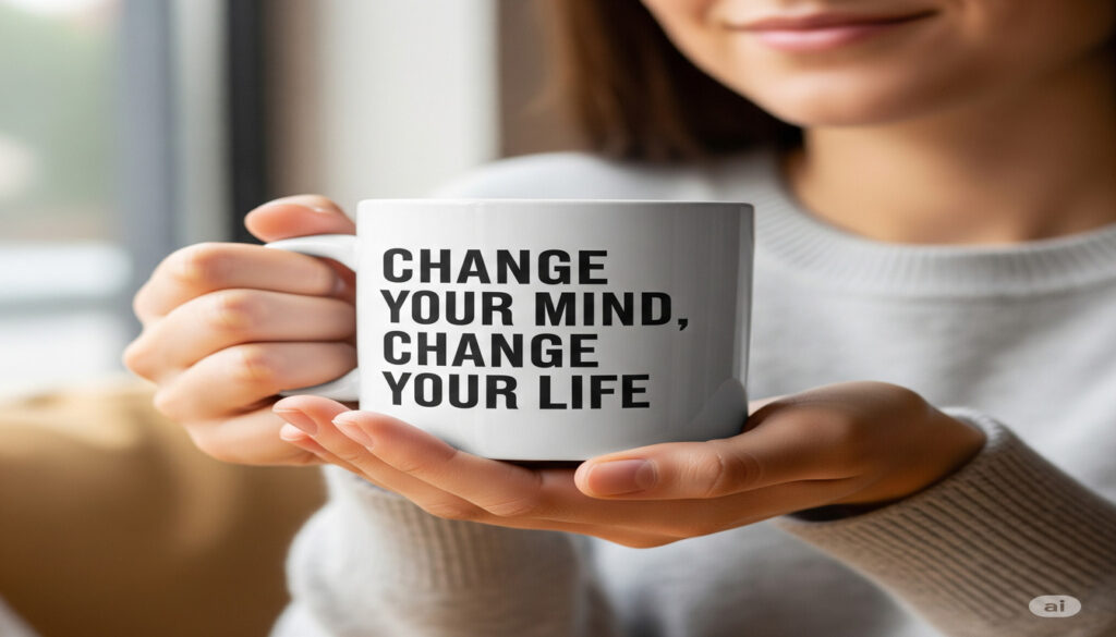 A person holding a "CHANGE YOUR MIND, CHANGE YOUR LIFE" Inspirational Mug