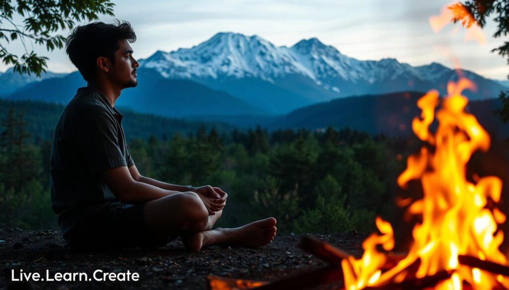A person sitting cross-legged on the ground, lost in deep contemplation, their face illuminated by a warm, golden light. In the foreground, a blazing fire crackles, casting flickering shadows that dance across the scene. In the middle ground, a lush, verdant forest stretches out, its trees swaying gently in a soft breeze. The background is a majestic, snow-capped mountain range, its peaks reaching towards the heavens. The mood is one of introspection, passion, and a connection to the natural world. The image bears the Live.Learn.Create brand name. Prompt