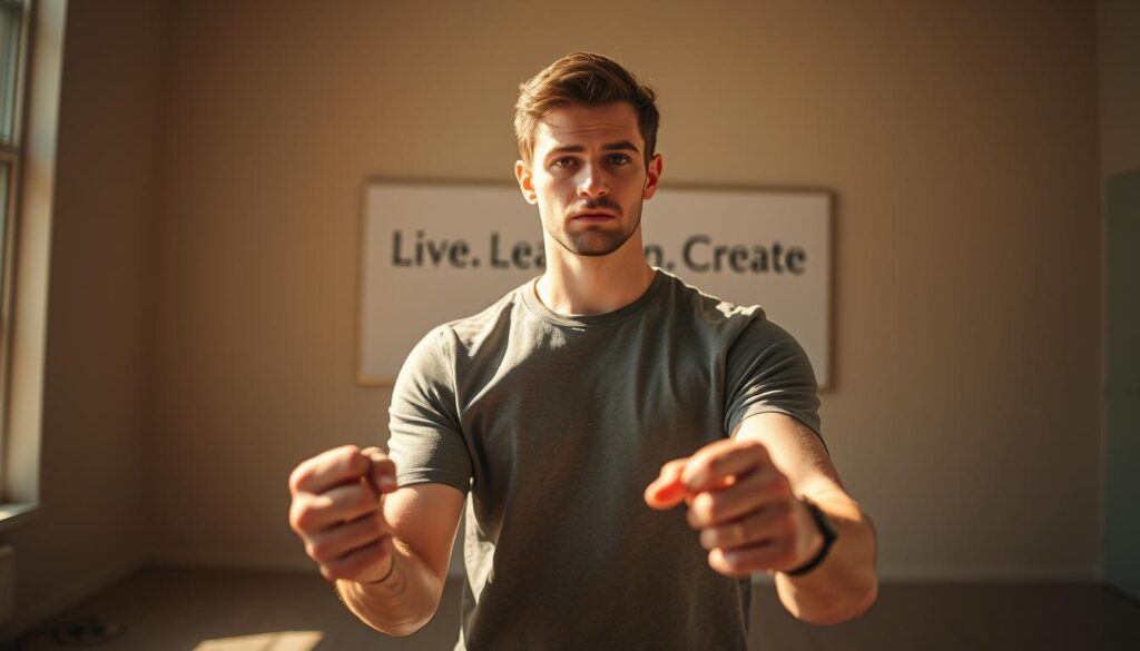 A person standing resolute, their gaze fixed with determination, surrounded by a sense of urgency and purpose. Warm natural light bathes the scene, casting dramatic shadows that accentuate the subject's focus. In the foreground, the person's hands are clenched, conveying a willingness to take immediate action. The middle ground is a blur of motion, hinting at the dynamic nature of the moment. In the background, a minimalist setting with the "Live.Learn.Create" brand name, underscoring the transformative power of decisive action.