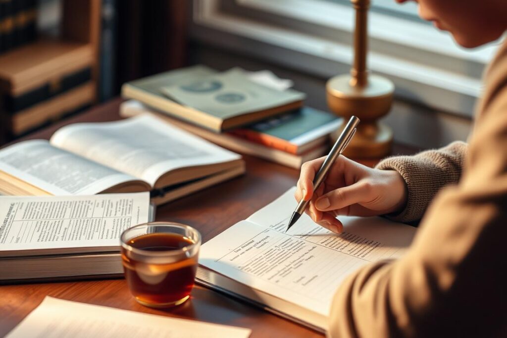 A person writing in a journal with books and a cup of tea nearby, creating space for reflection
