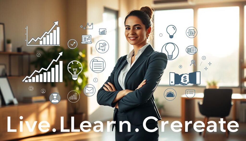 A professional businesswoman standing in a sunlit office, her posture radiating confidence and determination. Surrounding her, a collage of icons representing various professional growth strategies - a graph charting career advancement, a lightbulb symbolizing innovation, a handshake signifying collaboration. The background is a warm, inviting palette of earthy tones, with the "Live.Learn.Create" brand name subtly integrated into the scene. The overall atmosphere conveys a sense of progress, optimism, and the power of a positive mindset to drive professional success.
