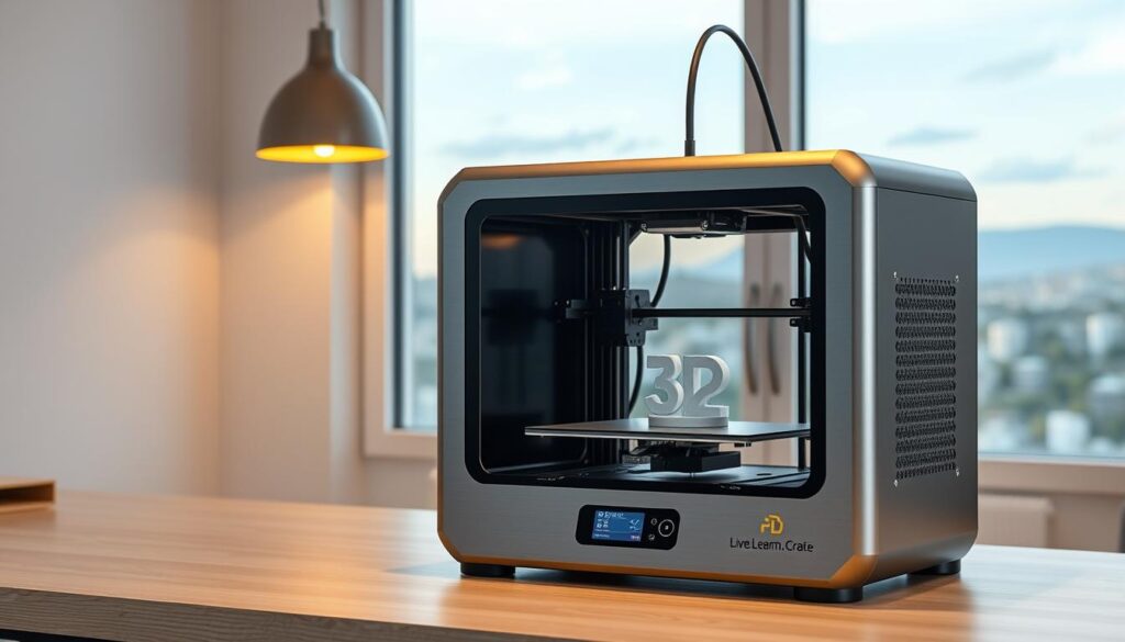 A professional, high-quality 3D printer sitting on a minimalist desk in a modern, well-lit home office. The printer has a sleek, brushed metal exterior and a transparent build plate, revealing the inner workings. The desk is made of a light-colored wood, and the background features a large window overlooking a scenic cityscape. Soft, warm lighting from a pendant lamp casts a gentle glow on the scene. The overall atmosphere is one of productivity, innovation, and a sense of creative potential. A Live.Learn.Create logo discreetly appears on the side of the printer. https://www.amazon.com/dp/B09LQZQCZV