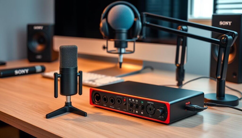 A professional podcasting setup on a modern, minimalist desk. In the foreground, a high-quality [Rode NT-USB Mini USB Microphone](https://www.amazon.com/Rode-NT-USB-Mini-Studio-Quality/dp/B07XTQZJ28) with a sleek design and a pop filter for clear, crisp audio. Beside it, a [Focusrite Scarlett 2i2 USB Audio Interface](https://www.amazon.com/Focusrite-Scarlett-Audio-Interface-Tools/dp/B01E6T56EA) for professional-level sound recording. In the middle, a [Blue Snowball iCE Condenser Microphone](https://www.amazon.com/Blue-Snowball-iCE-Condenser-Microphone/dp/B014PYGTUQ) on a sturdy, adjustable arm. Behind, a pair of [Sony MDR-7506 Professional Large Diaphragm Headphones](https://www.amazon.com/Sony-MDR7506-Professional-Diaphragm-Headphone/dp/B000AJIF4E) for monitoring. The scene is bathed in warm, natural lighting, creating a cozy, inviting atmosphere for the "Live.Learn.Create" brand.