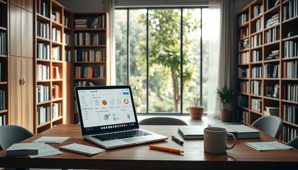 A room filled with a warm, natural light, illuminating a meticulously organized workspace. In the foreground, a sleek, modern laptop [Amazon link for laptop] rests on a minimalist wooden desk, its screen displaying a content audit dashboard from the Live.Learn.Create suite of tools [Amazon link for Live.Learn.Create]. Scattered around the desk, neatly arranged notes, highlighters, and a cup of freshly brewed coffee [Amazon link for coffee mug] create a productive, focused atmosphere. In the middle ground, towering bookshelves line the walls, their shelves brimming with carefully curated reference materials. The background features a large window, offering a serene view of a lush, verdant garden, fostering a sense of tranquility and inspiration. The overall scene conveys a harmonious blend of technology, organization, and a touch of nature, embodying the essence of the "Content Audit: Reviewing Existing Material" section.