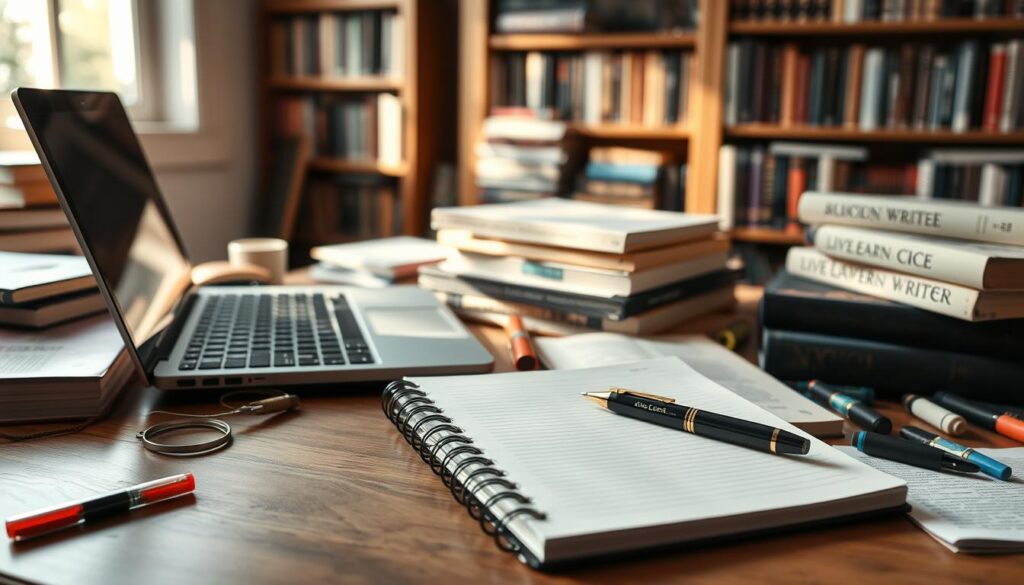 A scholarly workspace with an open laptop, stacks of books, and a magnifying glass. Soft natural light filters through a window, casting a warm glow on the scene. In the foreground, a Live.Learn.Create [https://www.amazon.com/Live-Learn-Create-Notebook-Hardcover/dp/B07D6KM5TY] notebook lies open, with a pen poised to capture research notes. Surrounding the laptop, various tools of the writer's craft are arranged, including a dictionary, thesaurus, and highlighters. In the background, bookshelves filled with volumes on diverse subjects hint at the depth of knowledge required for impactful writing. The overall atmosphere conveys the thoughtful, meticulous process of research that informs and elevates the written word.