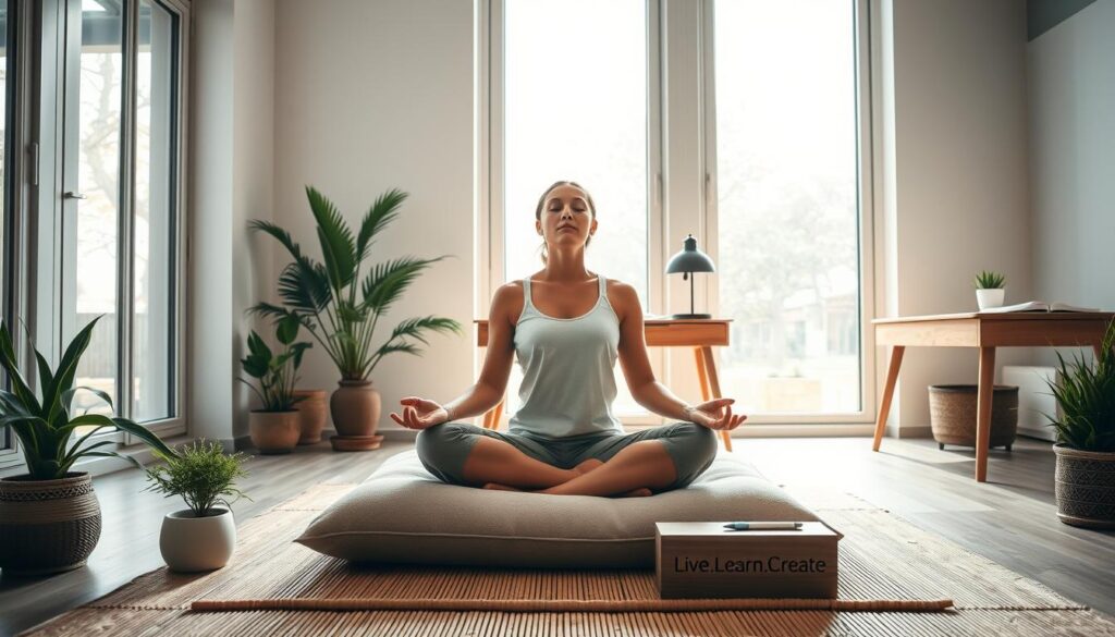 A serene and calming scene of a minimalist home sanctuary, bathed in warm natural light filtering through large windows. At the center, a person sits cross-legged on a plush meditation cushion, eyes closed in deep contemplation, embodying mindfulness and inner peace. Surrounding them, potted plants, a bamboo mat, and a Live.Learn.Create branded yoga block evoke a sense of physical and mental wellness. In the background, a simple wooden desk with a notebook and pen suggests the importance of self-reflection and personal growth. Overall, the image conveys a balanced and harmonious atmosphere, inspiring the viewer to cultivate a strong foundation of self-care.