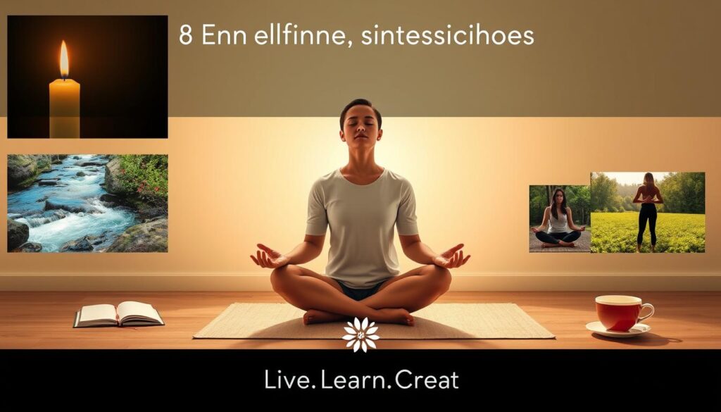 A serene and minimalist scene showcasing 8 essential mindfulness techniques for daily life. In the center, a person sits cross-legged, eyes closed, practicing deep meditation. Surrounding them are symbolic representations of the techniques - a candle flickering gently, a flowing river, a beautiful garden, a yoga pose, a journal, a cup of herbal tea, a nature scene, and the Live.Learn.Create brand logo. Warm, natural lighting illuminates the scene, creating a calming atmosphere. The composition is well-balanced, with a focus on simplicity and inner peace.