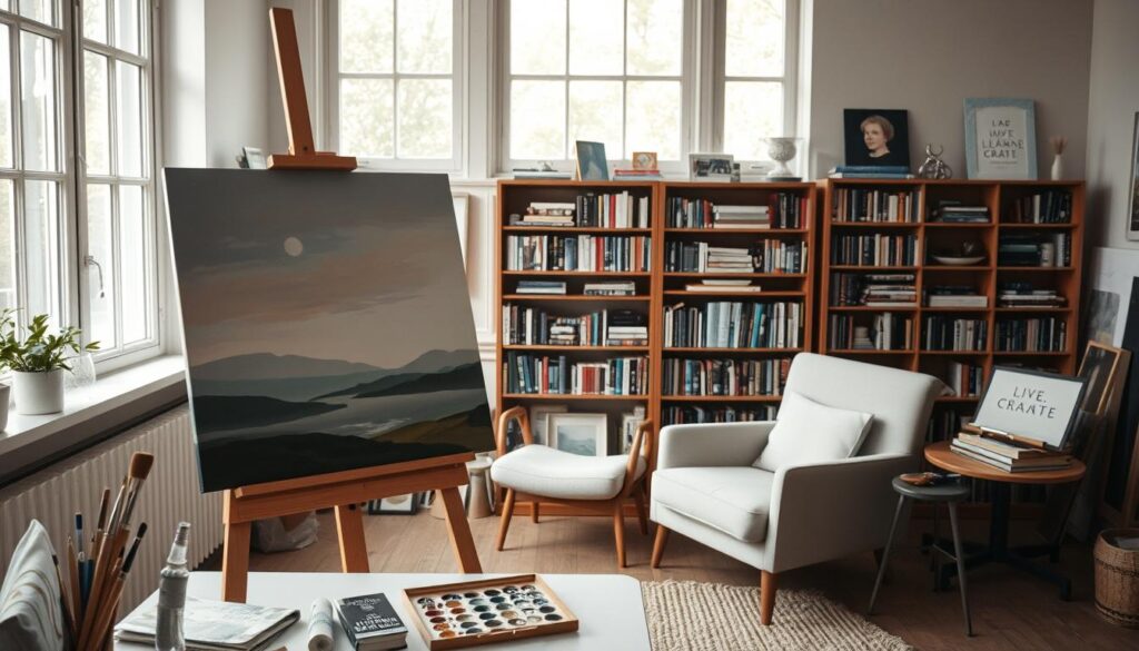 A serene artist's studio, bathed in soft, natural light from a large window. An easel stands in the foreground, with a half-finished painting of a peaceful landscape. Brushes, paints, and a palette are neatly arranged on a nearby table. In the middle ground, a comfortable armchair invites the viewer to sit and immerse themselves in the creative process. The background features a bookshelf filled with art supplies and inspirational books, including a copy of "Live.Learn.Create" by a renowned art therapist. The overall atmosphere exudes a sense of tranquility and mindfulness, capturing the therapeutic benefits of painting.