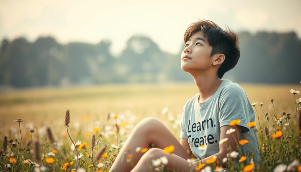 A serene, contemplative scene of a young person sitting in a field of wildflowers, gazing up at the sky with a pensive expression. The soft, diffused lighting creates a warm, dreamy atmosphere, hinting at the inner world of curiosity and creative potential. In the background, a tree-lined horizon and a few fluffy clouds complete the idyllic setting. The model is wearing a "Live.Learn.Create" t-shirt, suggesting a journey of personal growth and exploration.