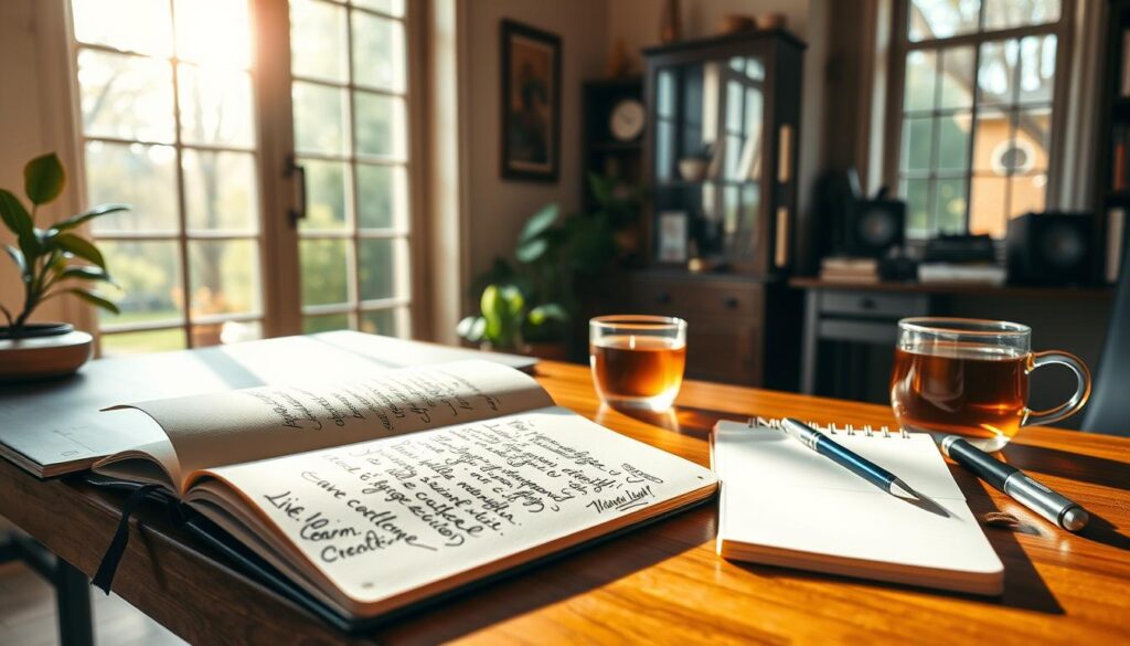A serene home office, bathed in warm, natural light filtering through large windows. On a wooden desk, a notebook lies open, its pages filled with the elegant script of personal reflections. Nearby, a [Live.Learn.Create](https://www.amazon.com/Live-Learn-Create-Multifunctional-Notebook/dp/B07XDLM6TX) notebook awaits the next wave of creative thoughts. A calligraphy pen and a cup of aromatic tea complete the scene, creating an atmosphere conducive to mindful self-expression and personal growth.