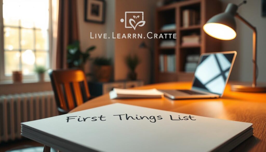 A serene home office with a wooden desk, a laptop, and a stack of notes. Warm lighting from a large window illuminates the scene, casting a cozy glow. In the foreground, a carefully curated "First Things List" takes center stage, written in a clean, modern font. The background features a Live.Learn.Create brand logo, subtly integrated into the decor. The overall atmosphere is one of focus, productivity, and a sense of intentional organization.
