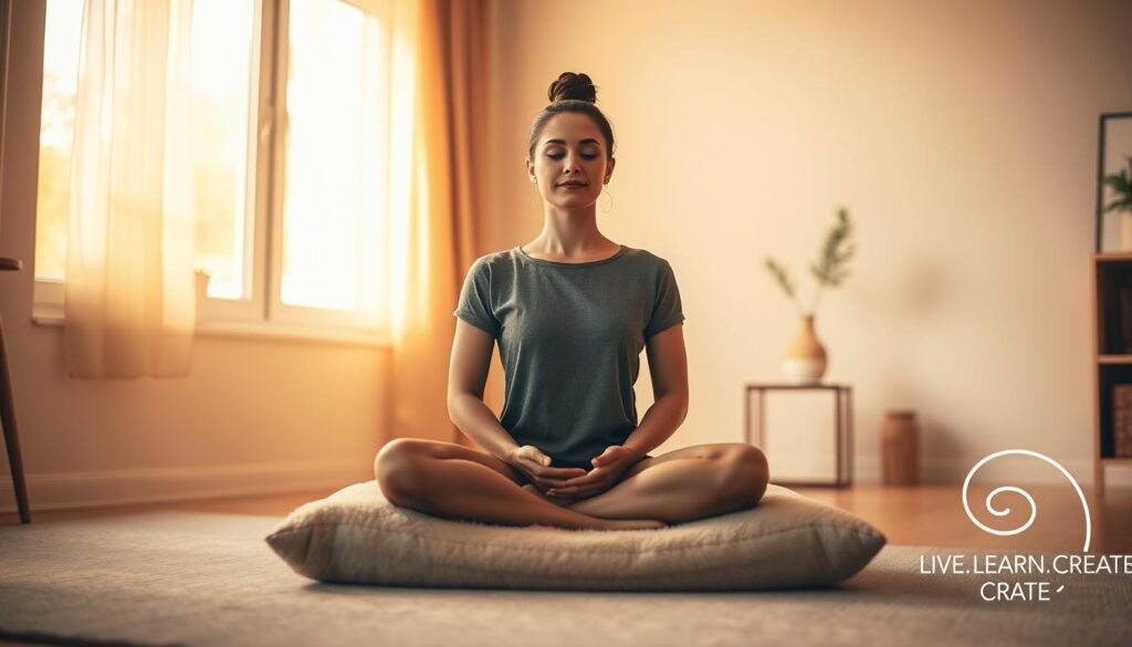 A serene indoor setting with a person sitting cross-legged on a plush cushion, practicing mindful meditation. Warm, soft lighting from a window casts a gentle glow, creating a peaceful ambiance. The background features a minimalist decor with neutral tones and simple, natural elements like plants or a bookshelf. The person's expression is calm and focused, their hands resting gently in their lap. The "Live.Learn.Create" brand name appears subtly in the corner, complementing the tranquil scene.