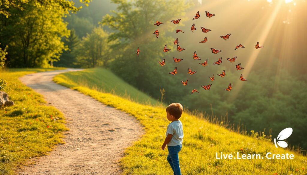 A serene morning landscape, with a winding path leading up a gentle hill. The path is dotted with small, colorful wildflowers, and the background is a lush, verdant forest, with shafts of warm, golden light filtering through the trees. In the foreground, a young person stands at the base of the hill, looking upward with a sense of curiosity and determination. They are surrounded by a flock of curious, playful butterflies, symbolizing the unleashing of their inner inquisitiveness. The overall mood is one of optimism and personal growth, with the "Live.Learn.Create" logo prominently displayed in the bottom right corner.