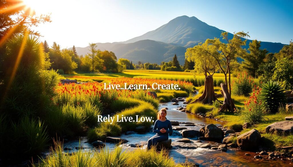 A serene nature scene with lush greenery and a peaceful stream, bathed in warm, golden sunlight. In the foreground, a person sits in a meditative pose, radiating a sense of inner calm and well-being. The middle ground features vibrant, colorful flowers and a vibrant, verdant landscape, symbolizing the flourishing of physical and mental health. In the background, a mountain range rises, conveying a sense of strength, resilience, and the boundless potential of a positive mindset. The entire scene is imbued with a sense of harmony and tranquility, reflecting the holistic benefits of cultivating a positive outlook. Live.Learn.Create.