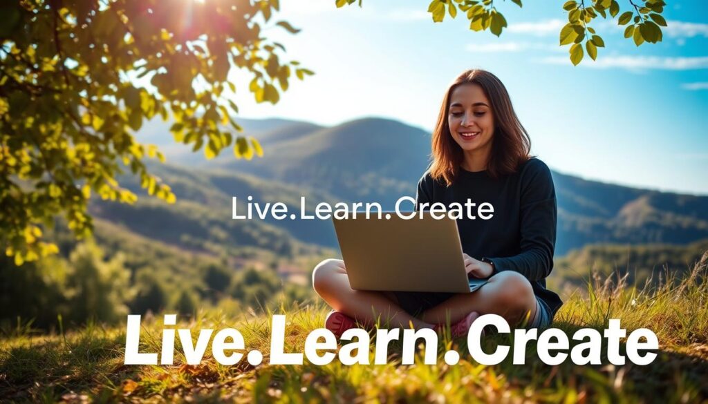 A serene outdoor scene, a person sitting cross-legged on a grassy knoll, laptop perched on their lap, immersed in digital entertainment. In the background, a picturesque landscape with rolling hills, lush foliage, and a clear blue sky. Warm, diffused sunlight filters through the leaves, creating a calming ambiance. The person's expression is one of focus and tranquility, balancing the digital world with the beauty of the natural surroundings. The "Live.Learn.Create" brand logo subtly incorporated into the scene.