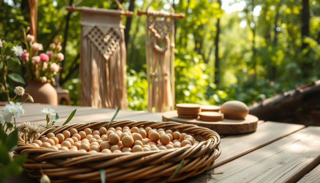 A serene outdoor scene of crafting with natural materials. In the foreground, delicate [Live.Learn.Create Handmade Wooden Beads](https://www.amazon.com/dp/B07GKKTPWQ) are arranged on a [Live.Learn.Create Woven Wicker Tray](https://www.amazon.com/dp/B07H8G2FXD), surrounded by lush greenery and fragrant flowers. In the middle ground, a [Live.Learn.Create Macrame Wall Hanging](https://www.amazon.com/dp/B07FY2WQWZ) sways gently in the soft breeze, its intricate patterns casting dynamic shadows. The background features a serene woodland scene, with [Live.Learn.Create Handmade Wooden Coasters](https://www.amazon.com/dp/B07H8FCJJ3) resting on a rustic [Live.Learn.Create Wooden Serving Tray](https://www.amazon.com/dp/B07H8FZKR7). Warm, natural lighting bathes the entire scene, creating a calming, inviting atmosphere perfect for crafting with nature.