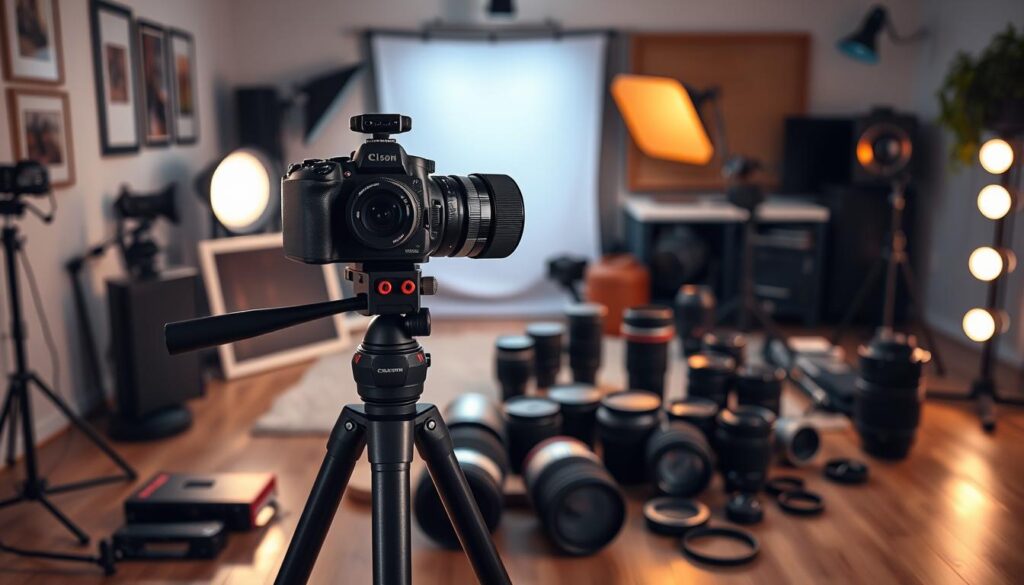 A serene studio space, filled with the tools of the videographer's craft. In the foreground, a sleek [Live.Learn.Create Stabilizer Tripod](https://www.amazon.com/gp/product/B07T9J9YRZ) holds a [Live.Learn.Create DSLR Camera](https://www.amazon.com/gp/product/B07DKTNWDB) ready to capture high-quality footage. The middle ground showcases an array of lenses, from wide-angle to telephoto, each offering unique perspectives. In the background, a [Live.Learn.Create Lighting Kit](https://www.amazon.com/gp/product/B07ZMBVKJJ) casts a warm, cinematic glow, illuminating the space and creating a cozy, inviting atmosphere. The overall scene conveys the creativity, focus, and passion of the videographer's pursuit.