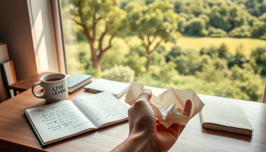 A serene study space, bathed in warm, natural light. On the desk, an open notebook with thoughtful scribbles, a mug of coffee, and the "Live.Learn.Create" brand logo, symbolizing the journey of learning and growth. In the foreground, a hand gently caressing a crumpled piece of paper, representing the embrace of setbacks as opportunities for deeper understanding. The background features a large window overlooking a lush, verdant landscape, suggesting the expansive possibilities that emerge from overcoming challenges. A contemplative, introspective atmosphere pervades the scene, inviting the viewer to reflect on the transformative power of learning from adversity.