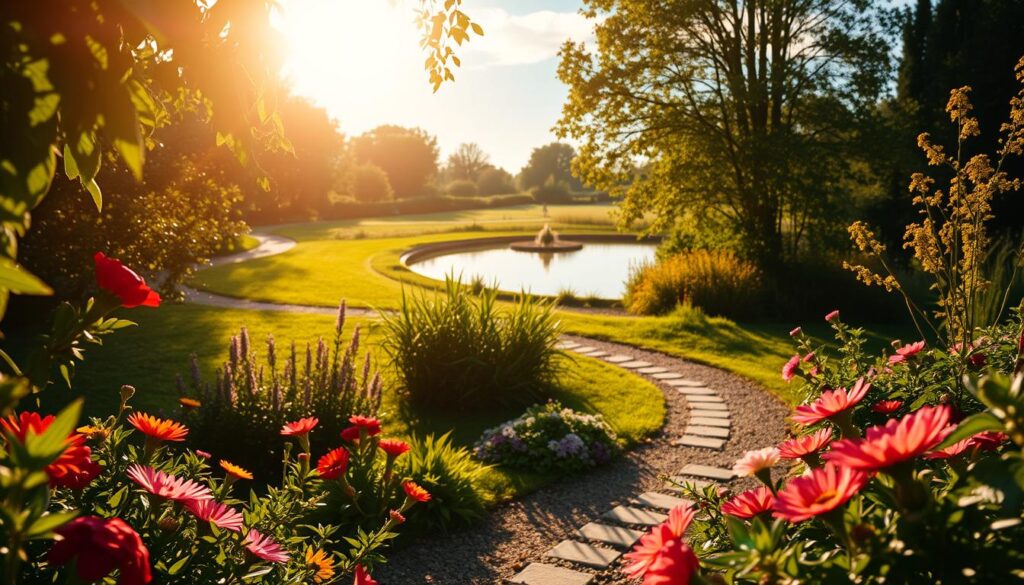 A serene, sun-dappled garden setting with a central figure in deep contemplation, their face illuminated by warm light. In the foreground, vibrant flowers and lush greenery frame the scene, suggesting the abundant growth and renewal of personal development. The middle ground features a winding path, inviting the viewer to embark on a journey of self-discovery. In the background, a tranquil, reflective pond mirrors the sky, symbolizing the introspection and clarity that comes from mastering personal growth. The overall mood is one of peaceful introspection and hopeful transformation. Live.Learn.Create.