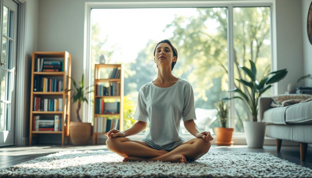 A serene, sun-dappled living room, filled with the soft glow of natural light. In the foreground, a person sits cross-legged on a plush rug, eyes closed, deeply immersed in a moment of quiet reflection. Their expression is one of calm, focused tranquility. In the middle ground, a bookshelf stands, its shelves adorned with titles on emotional intelligence and personal growth. The background depicts a lush, verdant garden, with swaying trees and a gentle breeze. The overall atmosphere conveys a sense of harmony, balance, and the mastery of emotional intelligence in everyday life. Live.Learn.Create.