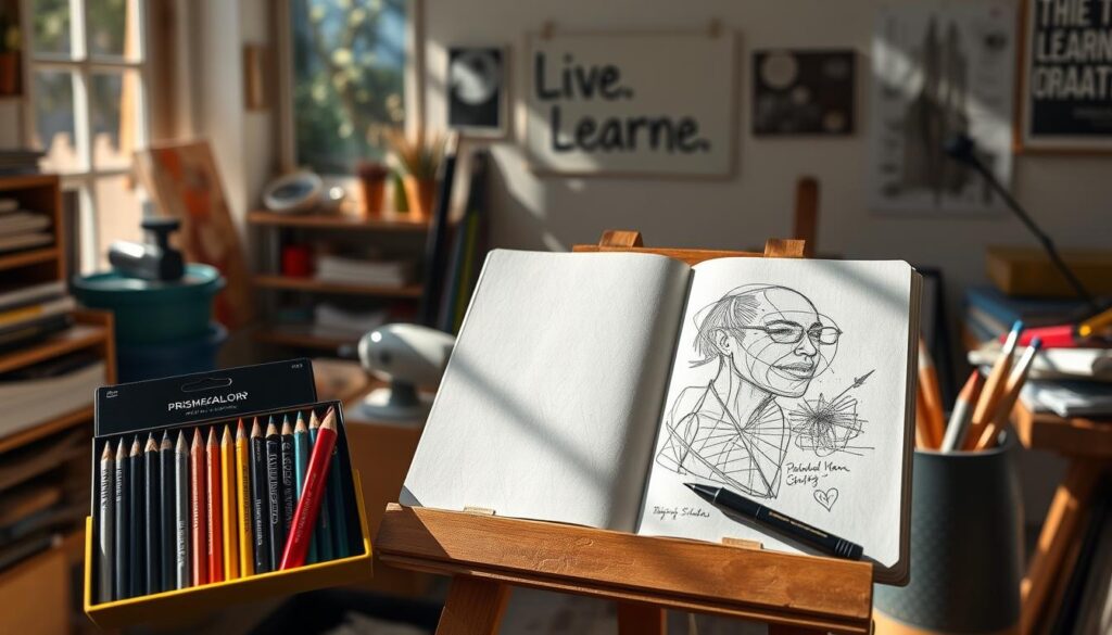 A serene, sun-dappled studio space filled with the tools of artistic endeavors. In the foreground, a [Prismacolor Premier Soft Core Colored Pencils Set](https://www.amazon.com/Prismacolor-Premier-Soft-Colored-Pencils/dp/B00006IEEU) and a [Sakura Micron Pigma Pen Set](https://www.amazon.com/Sakura-30062-Pigma-Micron-Black/dp/B0008G8G8Y) rest on a well-worn wooden easel. The middle ground features a [Blick Studio Sketchbook](https://www.amazon.com/Blick-Studio-Sketchbook-Heavyweight-70-Pound/dp/B00006IDJ1), open to a page filled with expressive, gestural drawings. In the background, a [Live.Learn.Create] poster hangs on the wall, capturing the transformative power of artistic expression as a form of therapy.