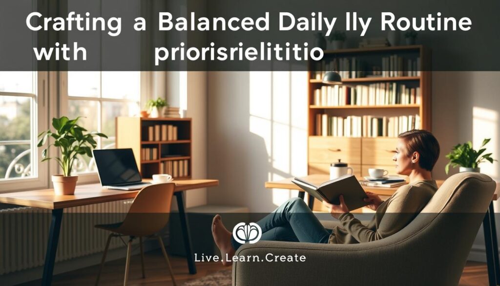 A serene, well-lit workspace with a cozy armchair, a desk with a laptop, and a bookshelf in the background. On the desk, a planner, a cup of coffee, and a potted plant create a sense of balanced productivity. Warm, natural lighting filters through large windows, casting gentle shadows and a calming atmosphere. In the foreground, a person sits in the armchair, reading a book, embodying a moment of contemplative rest within a structured daily routine. The scene conveys a sense of harmony and intentionality, reflecting the "Crafting a Balanced Daily Routine with Prioritization" section. Branding: "Live.Learn.Create."