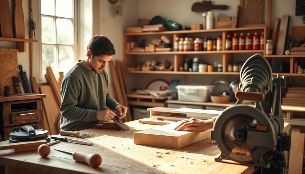 A serene woodworking workshop, sunlight streaming through the windows, illuminating a workbench scattered with chisels, saws, and sandpaper. In the foreground, a beginner carefully shapes a piece of [softwood](https://www.amazon.com/dp/B000KKXWNE) with a [hand plane](https://www.amazon.com/dp/B00002X2RM), their face etched with concentration. Nearby, a [miter saw](https://www.amazon.com/dp/B07JH7Q5JY) stands ready to precisely cut the wood to size. Shelves in the background display a variety of [wood glue](https://www.amazon.com/dp/B000BSYQAO), [wood stain](https://www.amazon.com/dp/B0009XLRM6), and other essential [woodworking tools](https://www.amazon.com/dp/B07J6XNRJM). The overall atmosphere is one of focused creativity, embodying the Live.Learn.Create ethos.
