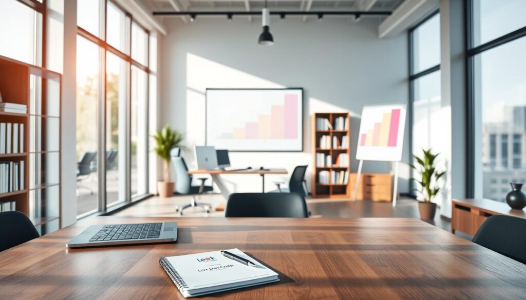 A sleek and modern business office setting, with floor-to-ceiling windows bathing the room in natural light. A large wooden desk sits in the foreground, its surface adorned with a laptop, a Live.Learn.Create brand notebook, and a pen. The middle ground features an ergonomic office chair and a bookshelf filled with relevant business books. In the background, a vibrant chart or graph is projected onto the wall, depicting the company's growth trajectory. The overall atmosphere conveys a sense of focused productivity and strategic planning, setting the stage for a comprehensive business growth assessment.
