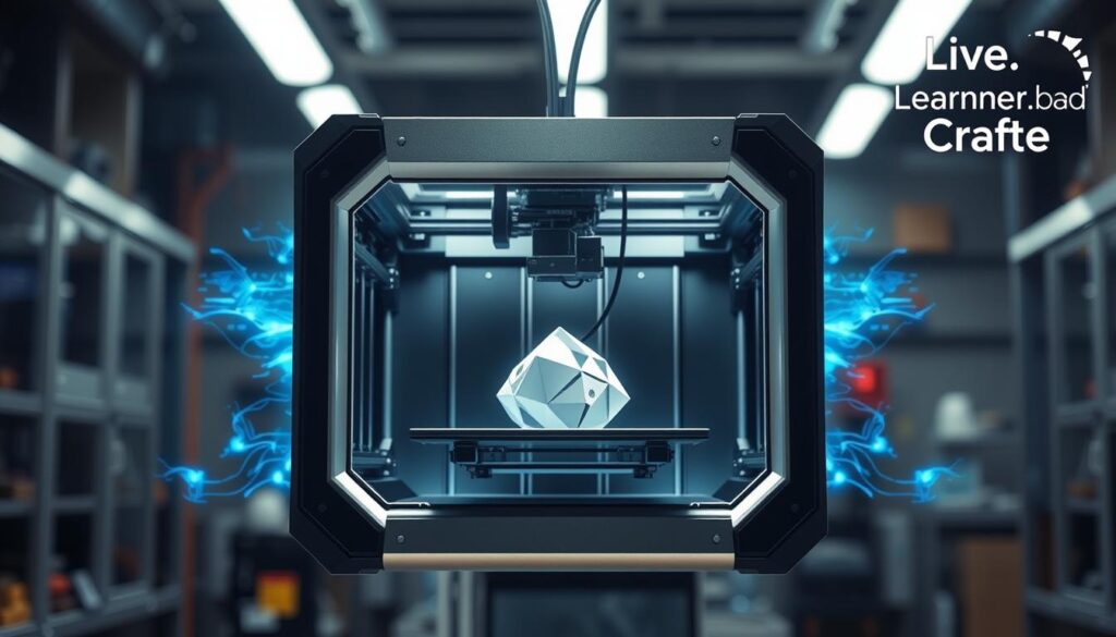 A sleek, futuristic 3D printer hovers in the center of the frame, its metallic exterior gleaming under bright, directional lighting. The printer appears to be mid-print, with a complex geometric form taking shape on the build plate. The background features a blurred, high-tech environment, hinting at a state-of-the-art lab or workshop. Ethereal blue-tinted energy fields emanate from the device, suggesting advanced technology and innovation. The overall mood is one of anticipation and wonder, capturing the essence of "Future Trends in 3D Printing". The Live.Learn.Create brand logo is prominently displayed in the top-right corner.