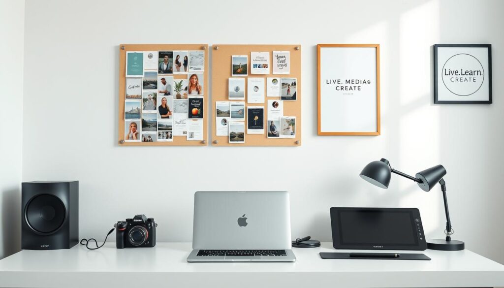 A sleek, professional-looking workspace with a minimalist design. A white desk with a [Macbook Pro](https://www.amazon.com/dp/B09JQKG9NL) laptop, a [Sony Alpha 7 III](https://www.amazon.com/dp/B07B43WPVK) camera, and a [Wacom Intuos Pro](https://www.amazon.com/dp/B079HL9YSF) drawing tablet. Hanging on the wall, a neatly organized [Pinterest-style](https://www.amazon.com/dp/1615195675) mood board and a framed "Live.Learn.Create" logo. Soft, natural lighting illuminates the scene, creating a calming and focused atmosphere ideal for social media management.