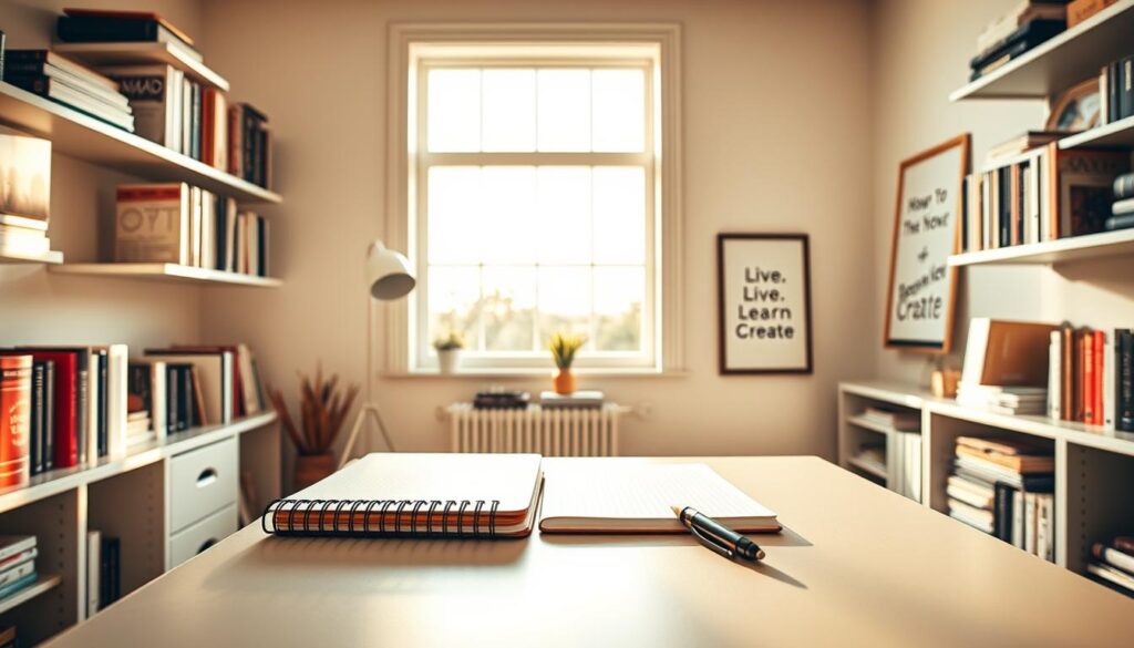 A spacious, airy home office, flooded with warm, natural light from a large window. On the sleek, minimalist desk, a [Leuchtturm1917 Softcover Notebook](https://www.amazon.com/Leuchtturm1917-Medium-Notebook-Numbered-Hardcover/dp/B00LBVPUZO) and a [Pilot G2 Retractable Gel Ink Pen](https://www.amazon.com/Pilot-Retractable-Premium-Gel-Point-47004/dp/B001GAOUA0) lay ready for planning a captivating content calendar. Surrounding the desk, shelves display an array of inspiring books and a framed print bearing the "Live.Learn.Create" brand name. The overall atmosphere exudes a sense of focus, creativity, and productivity.