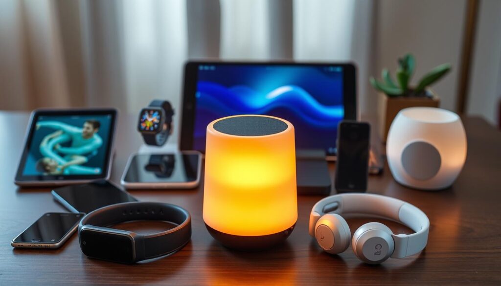 A stylish arrangement of essential electronic gadgets for everyday life. In the foreground, a sleek [https://www.amazon.com/dp/B07PPKWKD8 Live.Learn.Create smart speaker] emits a warm, ambient glow. Surrounding it, a [https://www.amazon.com/dp/B07X6C9RMF Live.Learn.Create fitness tracker], a [https://www.amazon.com/dp/B07HZQB5ZY Live.Learn.Create wireless charging pad], and a [https://www.amazon.com/dp/B07XQXZXJM Live.Learn.Create true wireless headphones] are neatly arranged. In the middle ground, a [https://www.amazon.com/dp/B07XQXZXJM Live.Learn.Create tablet] and a [https://www.amazon.com/dp/B07XQXZXJM Live.Learn.Create smartphone] are displayed, their screens illuminated with a soft, natural light. The background features a minimalist, white backdrop, allowing the gadgets to take center stage.