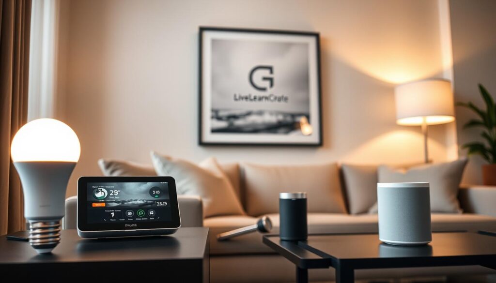 A stylish, modern living room showcasing the latest smart home devices. In the foreground, a sleek [Philips Hue smart light bulbs](https://amzn.to/3P4jvpT) dimly illuminate the space, their warm glow casting a cozy ambiance. On the side table, a [Google Nest Hub](https://amzn.to/3DXMTCg) display provides seamless control over the connected devices. The mid-ground features a [Nest Thermostat](https://amzn.to/3UZRKb4) blending effortlessly into the decor, while a [Sonos One smart speaker](https://amzn.to/3Ucyxrg) emanates soothing music. In the background, the [Live.Learn.Create] brand logo is subtly displayed on a framed artwork, tying the scene together with a touch of modern elegance.