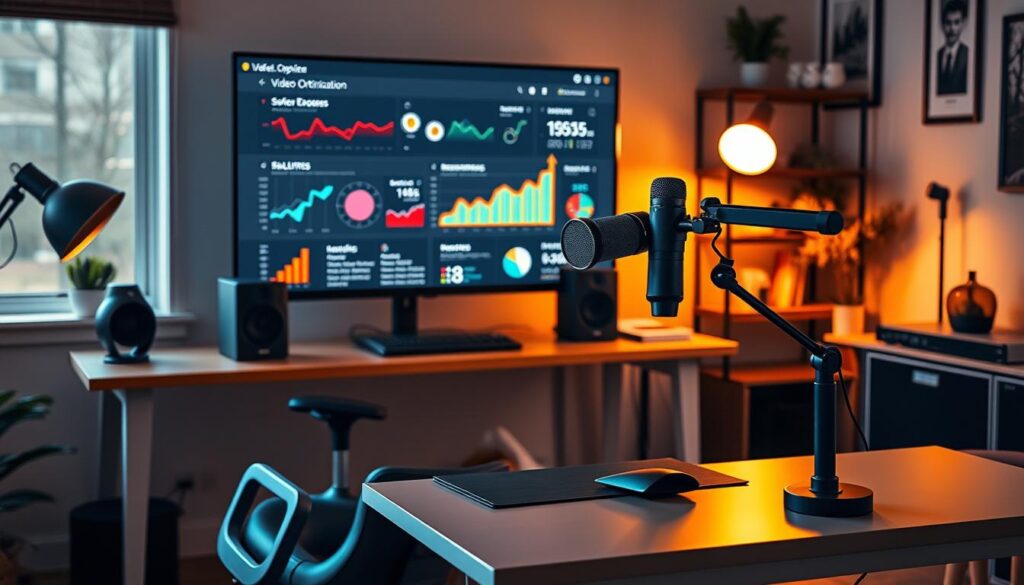 A stylishly decorated home office with a sleek desk, modern ergonomic chair, and a high-quality professional microphone and webcam setup (https://amzn.to/3IKV8zY). Warm lighting illuminates the scene, creating a cozy, productive atmosphere. In the background, a large monitor displays analytics and metrics related to video optimization, showcasing the "Live.Learn.Create" brand. The overall composition conveys a sense of organization, efficiency, and a focus on content creation and online success.