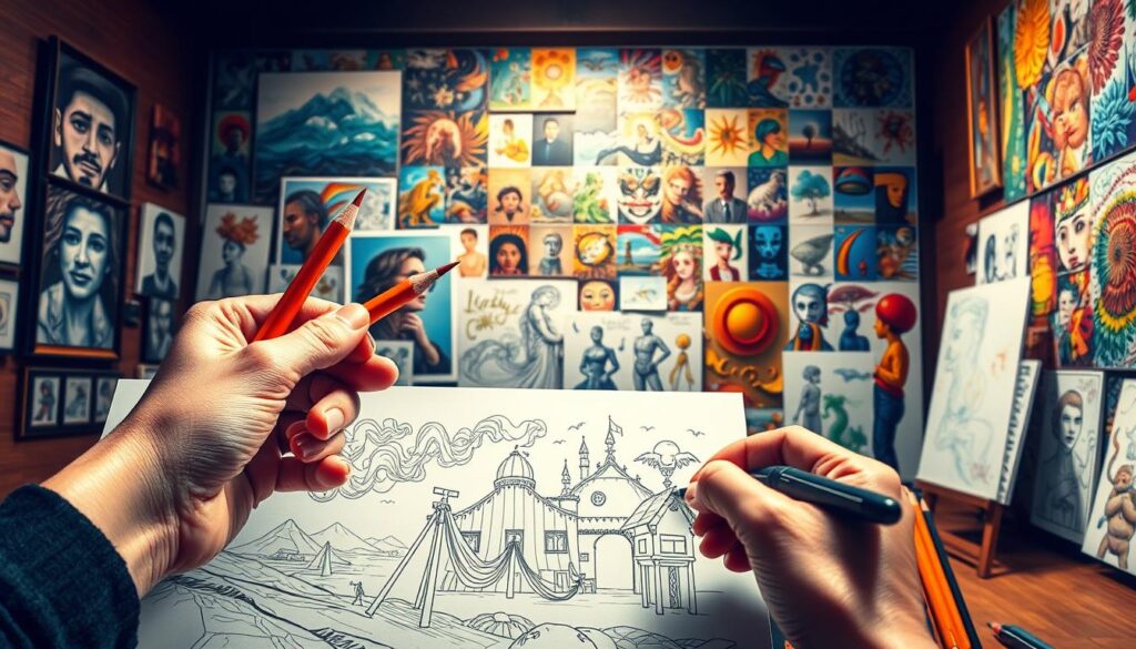 A surreal scene showcasing an array of diverse drawing styles. In the foreground, a skilled artist's hand wields a set of premium [Live.Learn.Create] drawing pencils (https://amzn.to/3NkpMR9), crafting intricate portraits and landscapes. In the middle ground, whimsical sketches come to life, from abstract patterns to fantastical creatures, using a variety of [Live.Learn.Create] drawing pens (https://amzn.to/3NkpMR9). The background reveals a vibrant mosaic of painting techniques, from bold acrylics to delicate watercolors, captured on a gallery wall under warm, natural lighting. This immersive scene showcases the boundless creativity and versatility of the drawing medium.