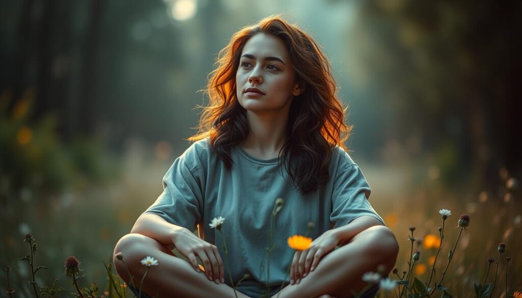 A thoughtful woman sits cross-legged, her face reflecting deep introspection. Soft, ambient lighting bathes her in a warm, contemplative glow, as she gazes inward, exploring the complexities of her emotional landscape. Surrounding her, delicate wildflowers bloom, symbolizing the fragile, yet resilient nature of the self-awareness journey. In the background, a hazy, dreamlike forest scene evokes a sense of tranquility and inner peace. The overall mood is one of serene self-discovery, as the woman embraces the power of "Live.Learn.Create" to unlock her emotional intelligence and potential.