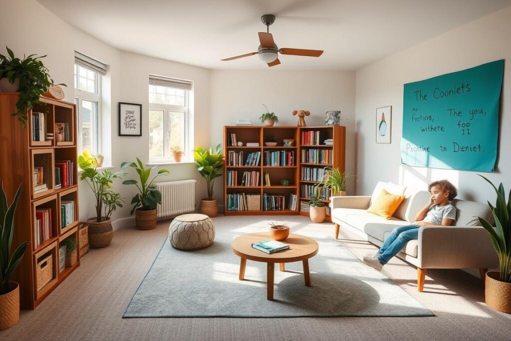 A thoughtfully designed personal growth space with areas for reading, movement, and creativity