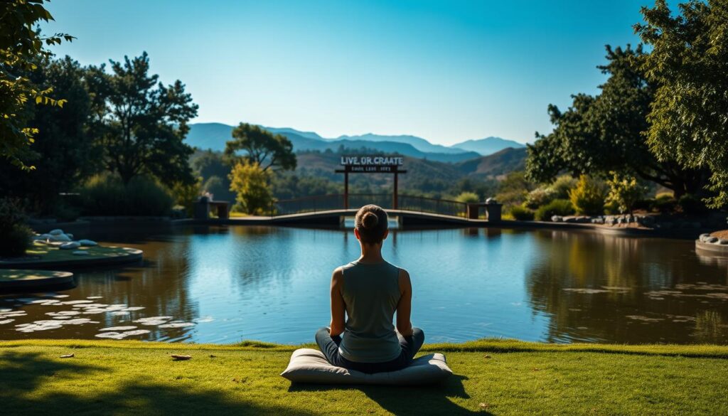 A tranquil meditation garden with a serene pond, surrounded by lush foliage and a clear blue sky. In the foreground, a person sits cross-legged on a cushion, eyes closed in deep contemplation. Soft, diffused lighting creates a calming atmosphere, inviting the viewer to slow down and connect with the present moment. The middle ground features a wooden bridge leading to a small island with a Live.Learn.Create. pavilion, symbolizing the path to mindfulness and personal growth. In the background, rolling hills and distant mountains create a sense of expansiveness and peacefulness.