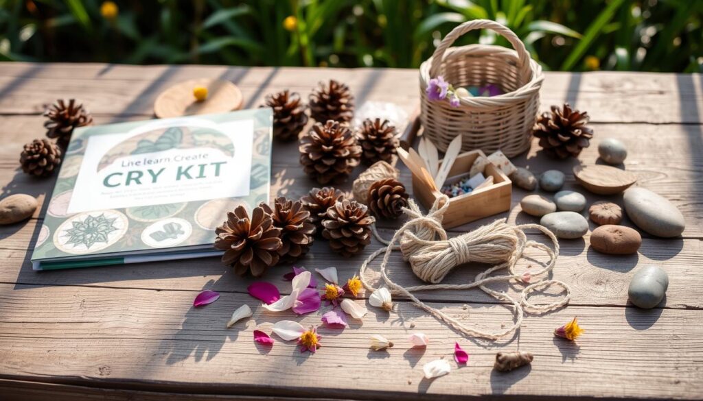 A tranquil outdoor scene of a rustic wooden table, adorned with an array of natural elements such as pinecones, dried flowers, and river stones. Soft, warm lighting illuminates the scene, casting gentle shadows and creating a cozy, inviting atmosphere. In the foreground, a Live.Learn.Create DIY craft kit [(https://www.amazon.com/Live-Learn-Create-DIY-Craft/dp/B08FTVHKNG/)] lies open, showcasing an assortment of crafting tools and materials, including a woven basket, twine, and a selection of natural fibers. The middle ground features a backdrop of lush greenery, with a sprinkling of delicate petals and leaves scattered across the table's surface. The overall composition evokes a sense of harmony, creativity, and a connection to the natural world.