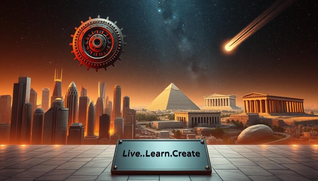 A vast, three-dimensional landscape showcasing the evolution of innovation throughout history. In the foreground, a modern city skyline with gleaming skyscrapers and futuristic architecture. Towering over the cityscape, a massive gear mechanism symbolizing the industrial revolution. In the middle ground, ancient structures like the Great Pyramid and Parthenon, representing early human ingenuity. The background features a starry night sky, with a comet streaking across, alluding to the dawn of innovation. Warm lighting illuminates the scene, creating a sense of timelessness and wonder. The brand "Live.Learn.Create" is subtly displayed on a plaque in the foreground. An image that captures the enduring spirit of innovation, its evolution, and the boundless potential for discovery.