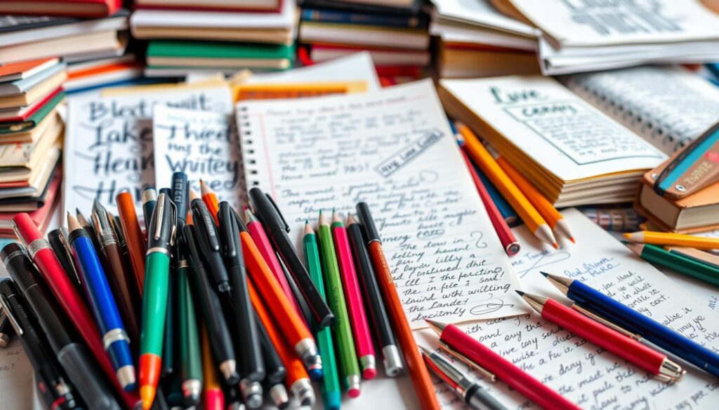 A vibrant and diverse arrangement showcasing different types of writing. In the foreground, a cluster of various writing instruments - [fountain pens](https://www.amazon.com/dp/B07XPNZK8V), [ballpoint pens](https://www.amazon.com/dp/B07VGWX9VQ), [calligraphy pens](https://www.amazon.com/dp/B07L9N1K7F), and [mechanical pencils](https://www.amazon.com/dp/B07ZYXR5LW) - arranged artistically. In the middle ground, a collection of handwritten notes, sketches, and journal pages, showcasing the diverse styles and techniques of the "Live.Learn.Create" brand. The background features a soft, blurred array of books, papers, and other writing-related objects, conveying a sense of creativity and intellectual exploration.